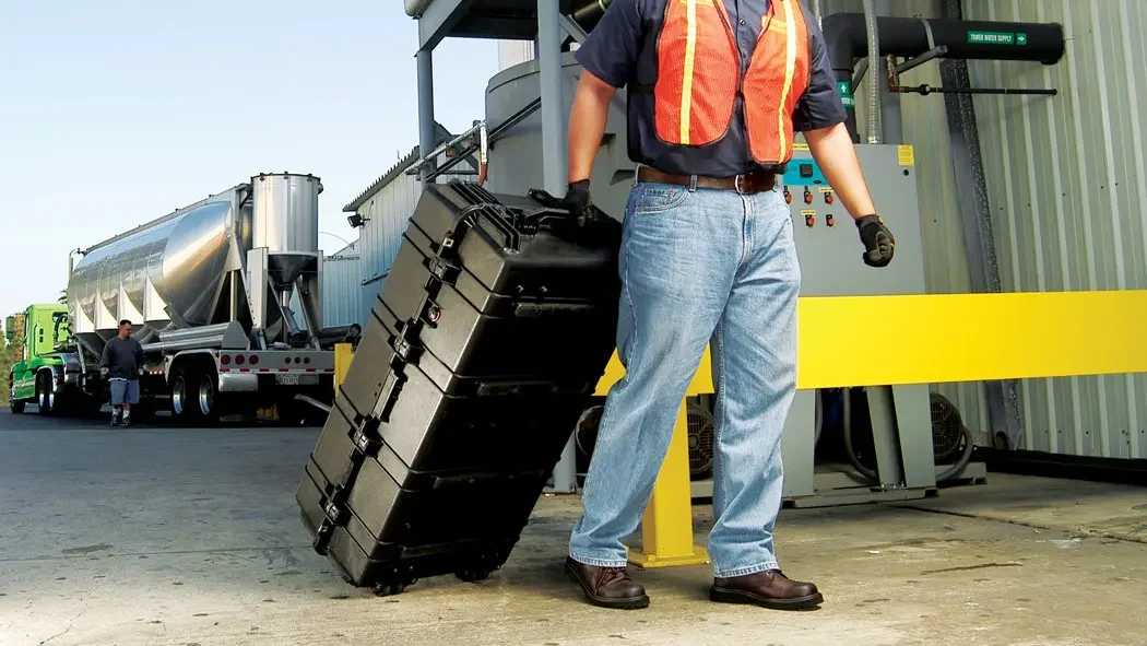 Worker in a hi-vis vest wheeling a large black Pelican transport case across a plant yard