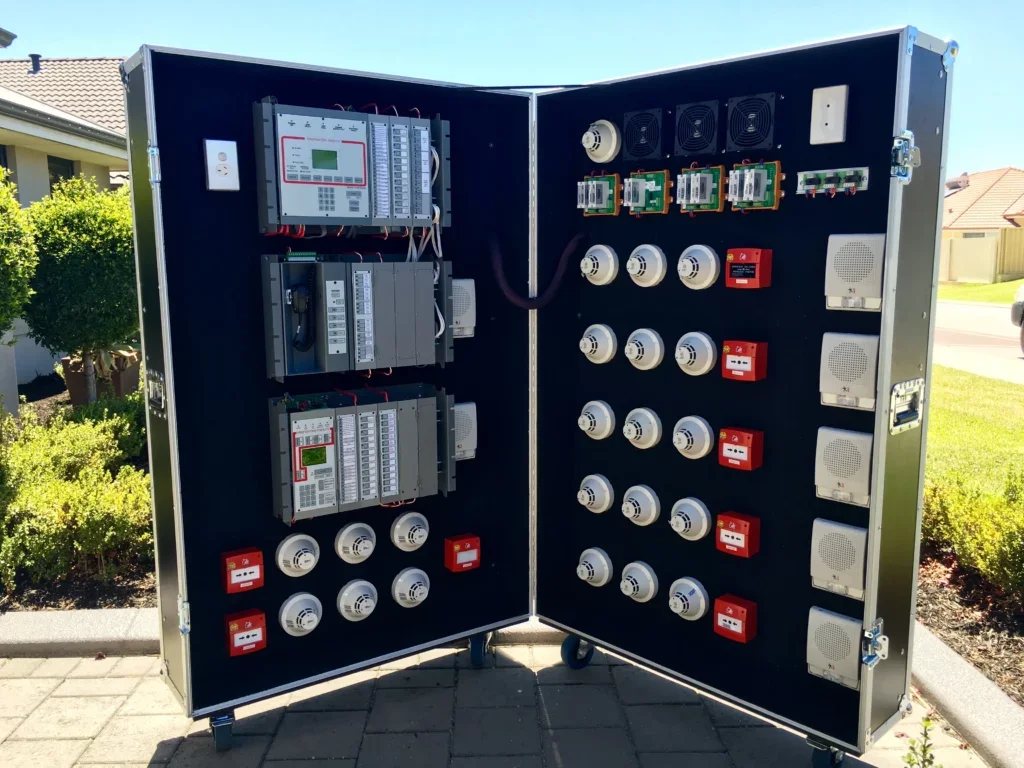 Twin-door demonstration case with fire panels, smoke detectors, call points and sounders mounted on black panels