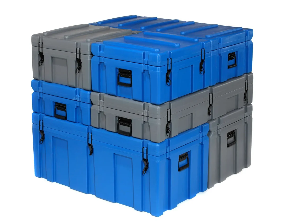 Blue and grey Spacecases stacked three tiers high, showing the modular footprint