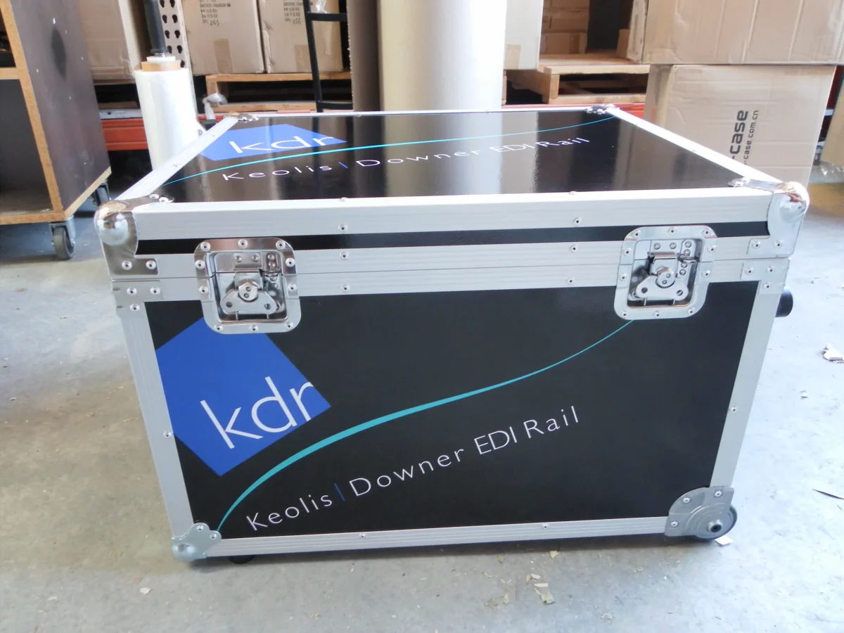 Front view of the Keolis Downer rail case showing recessed latches and corner castors