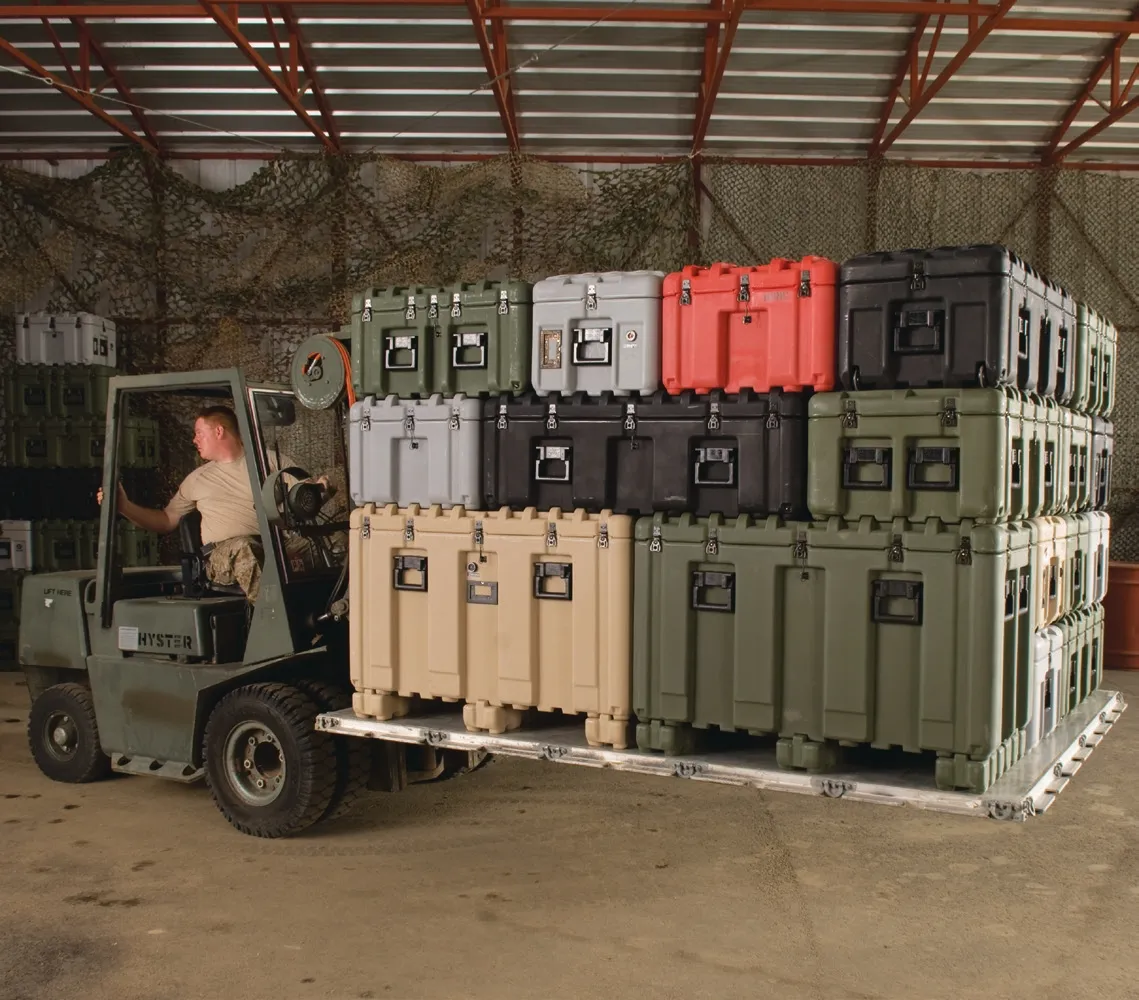 Pelican ISP cases assembled on a 463L Air Force master pallet for airlift transport
