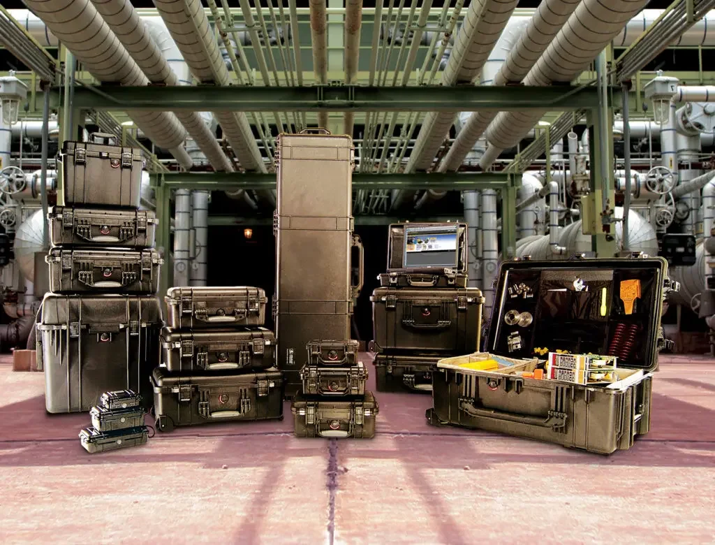 The Pelican Protector range laid out across an industrial plant room