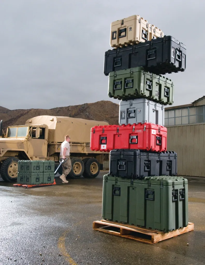 Pelican Hardigg Inter-Stacking Pattern military cases stacked on pallet